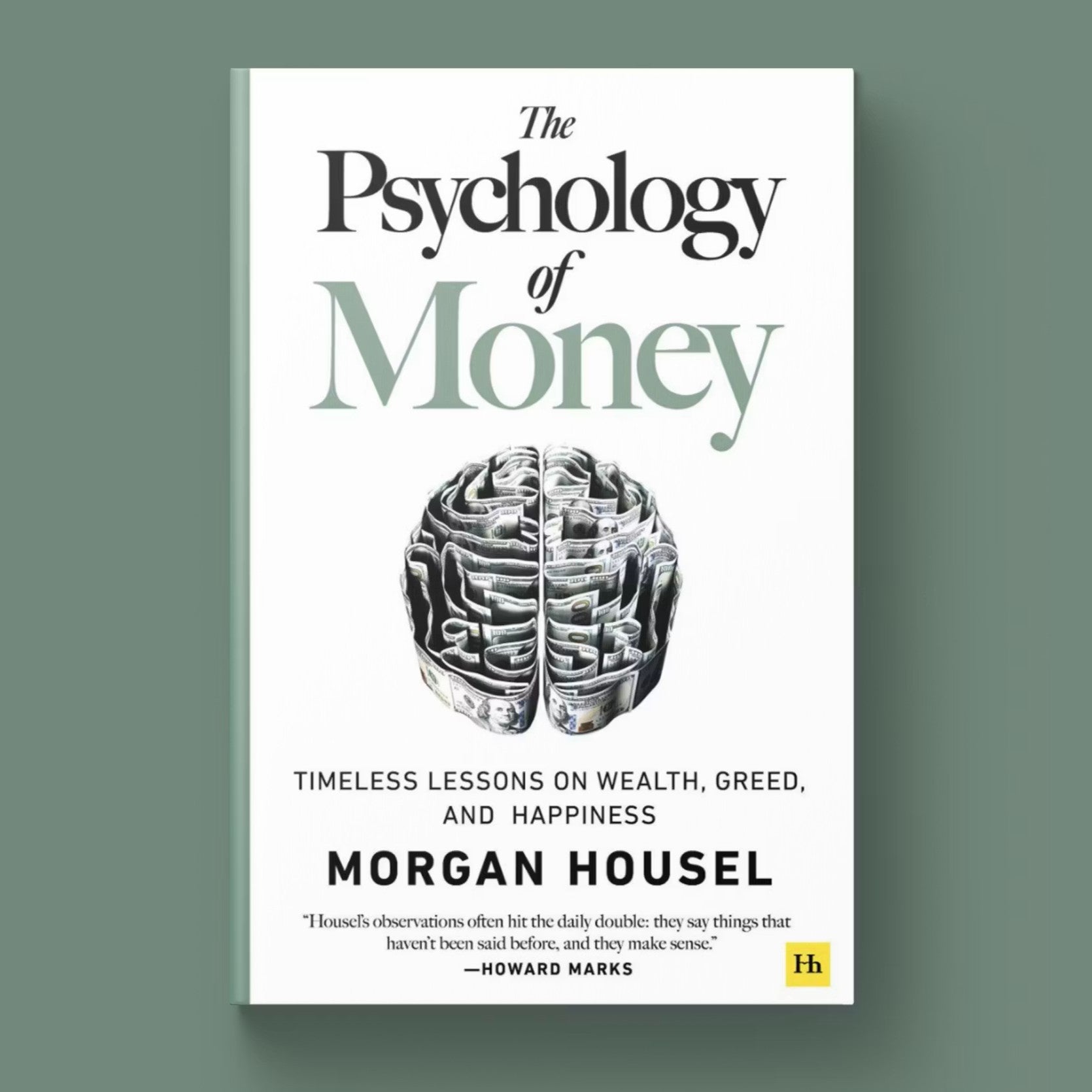 Book cover of 'The Psychology of Money' by Morgan Housel on a green background
